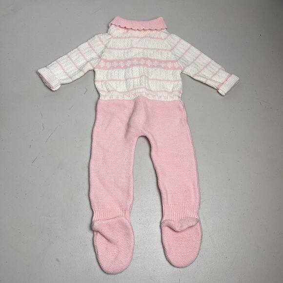Vintage Pink White Knit Baby Sleeper Footed Zip Front Long Sleeve NO SIZE TAG - Picture 3 of 11